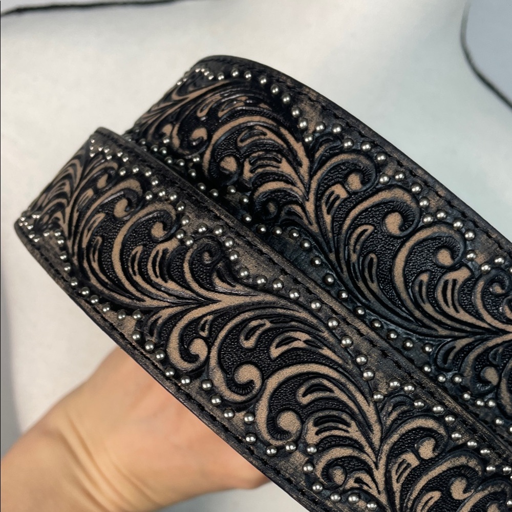 Crystal AB aurora borealis leather tooled western Black Embellished Belt - Picture 10 of 17